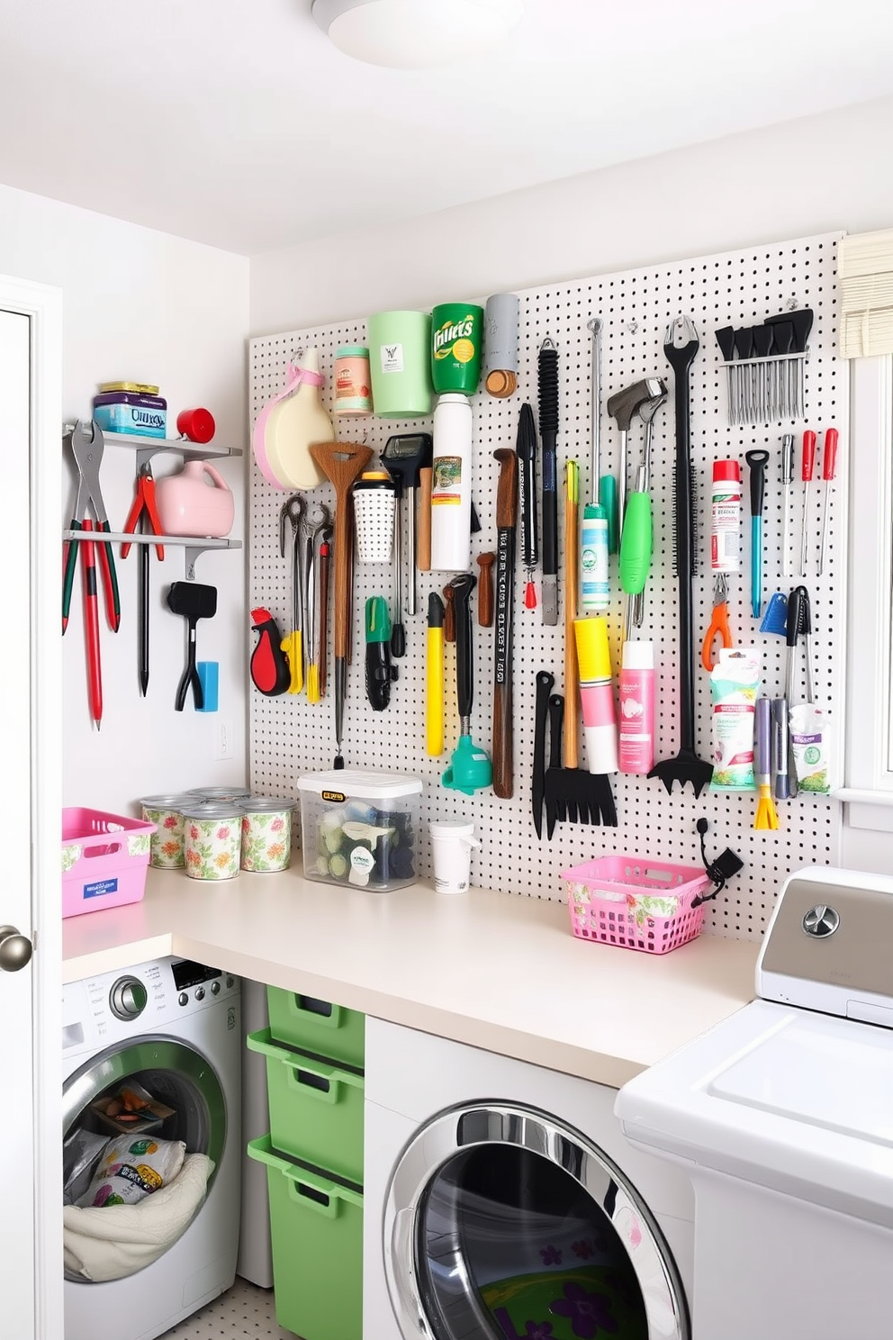 A bright and airy laundry room features a large pegboard mounted on the wall, showcasing neatly arranged tools and supplies for easy access. The space is decorated with cheerful summer-themed accents, including vibrant floral prints and pastel-colored storage bins.