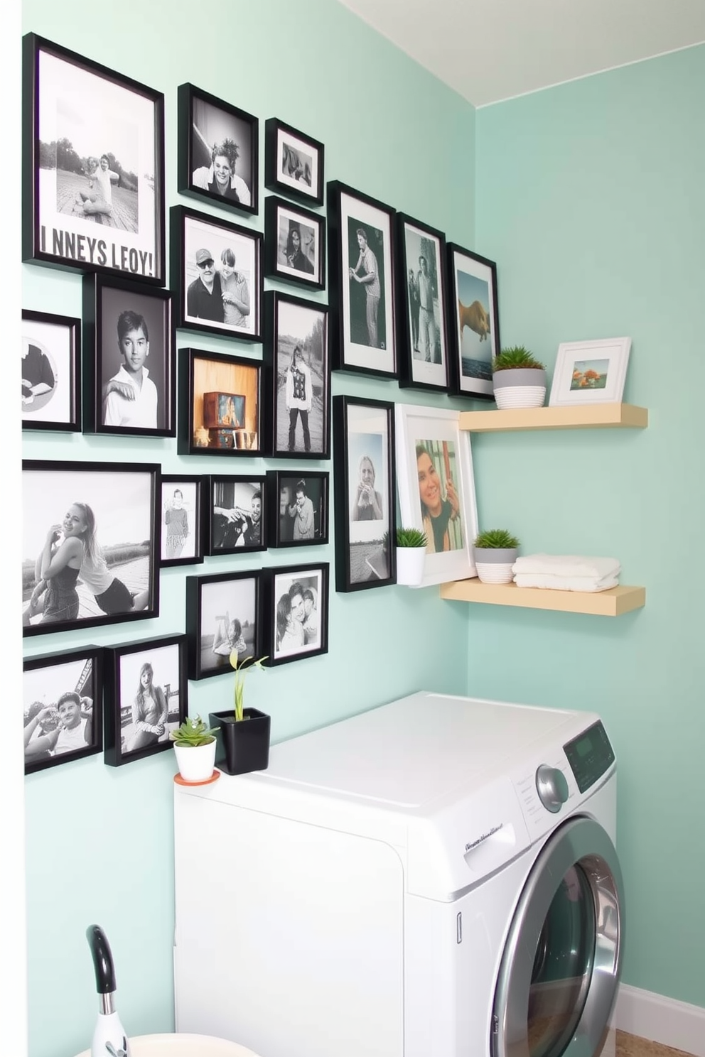 Create a mini gallery wall featuring a collection of framed photographs in various sizes. The wall should include a mix of black and white images along with colorful prints to add visual interest. Incorporate floating shelves to display decorative items and plants alongside the photos. The laundry room should have bright, cheerful colors with functional storage solutions to keep the space organized.