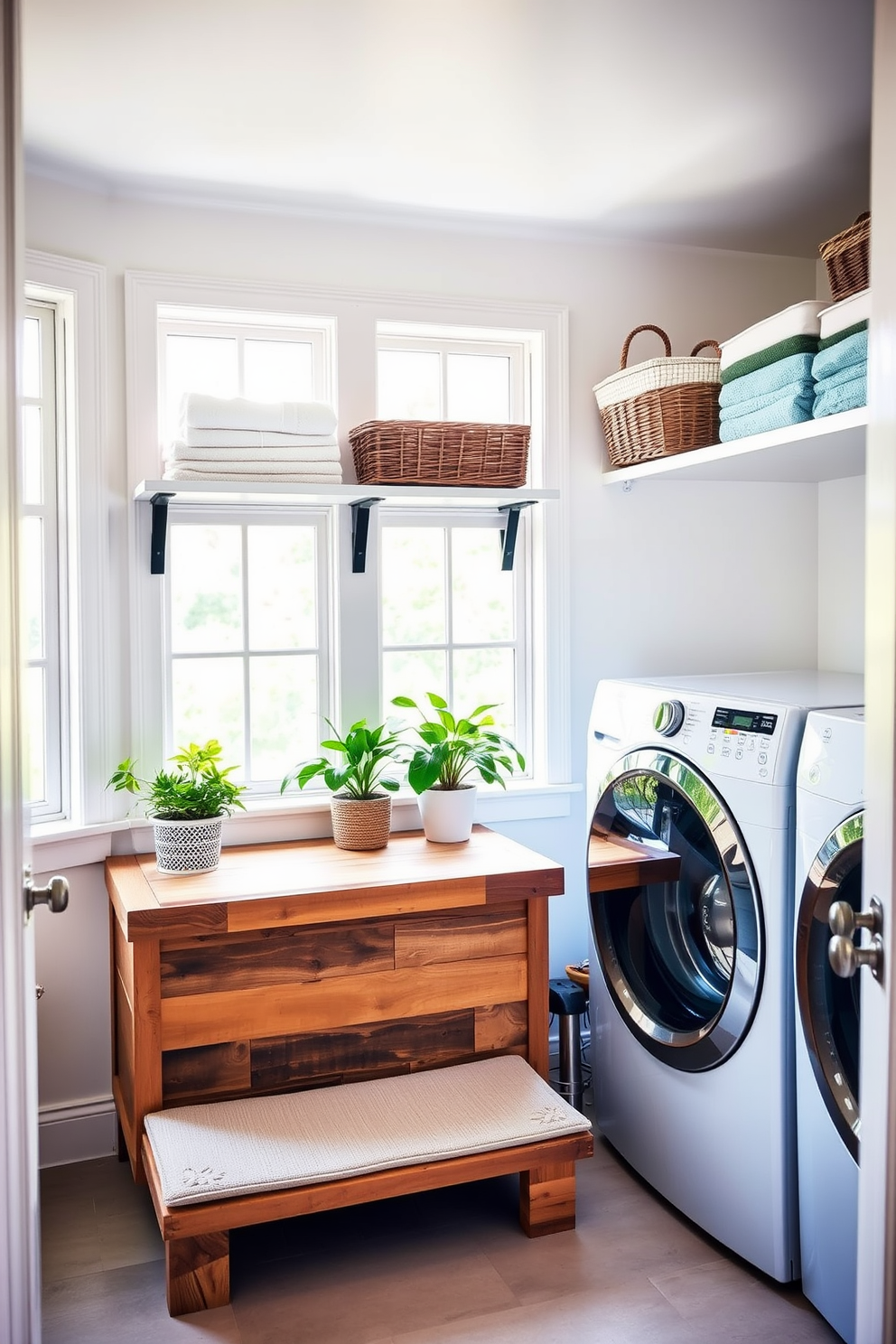 A bright and airy laundry room features a stylish folding station made from reclaimed wood, topped with a soft, neutral-colored mat for comfort. Shelves above the folding area are lined with neatly folded towels and decorative baskets, adding both functionality and charm to the space. The walls are painted in a light pastel hue, creating a serene atmosphere, while large windows allow natural light to flood the room. Potted plants on the windowsill bring a touch of greenery, complementing the overall design with a fresh and inviting feel.