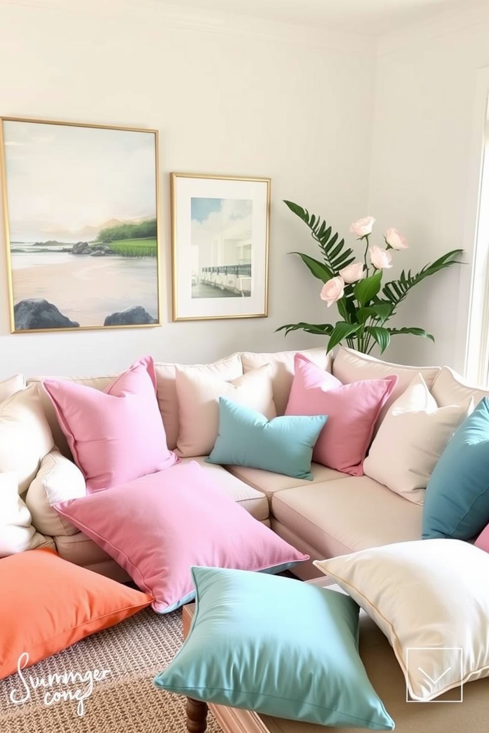 Brighten the summer living room with an array of pastel colored throw pillows scattered across a plush sectional sofa. The walls are adorned with light, airy artwork that complements the soft hues of the pillows, creating a cheerful and inviting atmosphere.