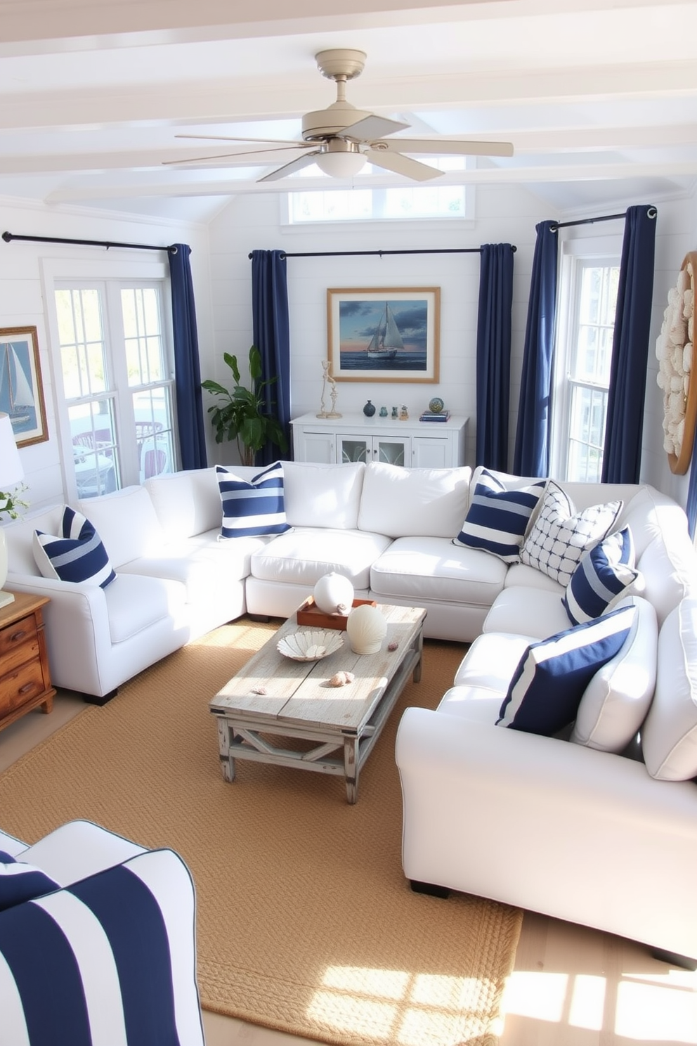 A bright and airy summer living room adorned with nautical themed accents. The space features a large white sectional sofa with navy blue and striped throw pillows, complemented by a weathered wooden coffee table. On the walls, framed nautical artwork and a collection of seashells create a coastal vibe. A jute area rug anchors the seating area, while large windows allow natural light to flood the room, enhancing the cheerful atmosphere.