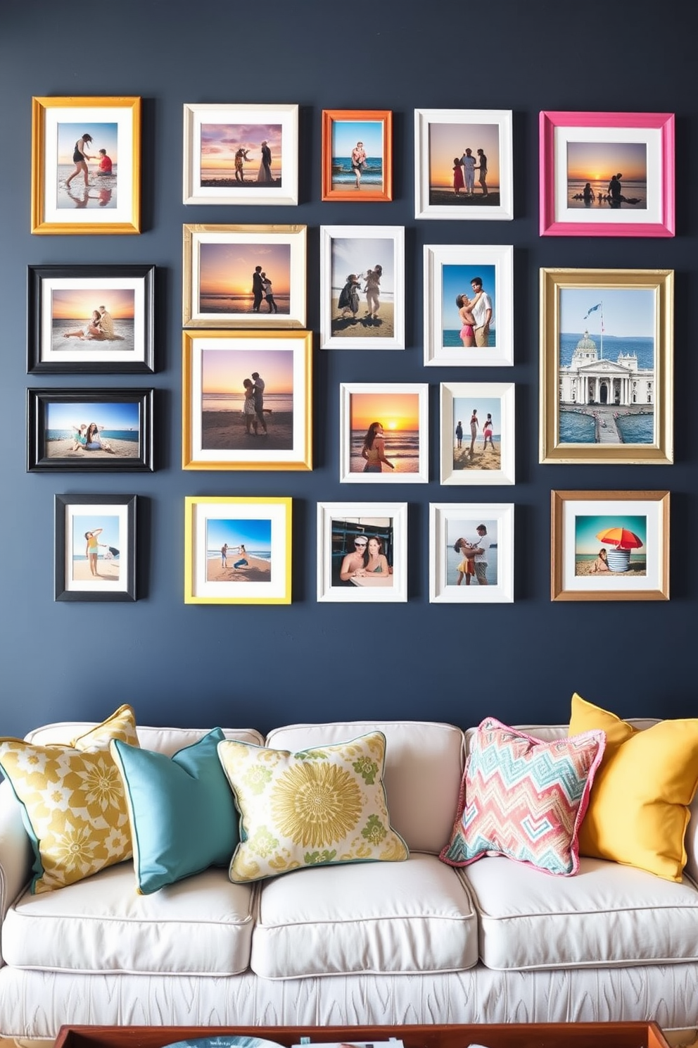 Create a gallery wall featuring a collection of vibrant summer photos. The wall is adorned with various frames in a mix of colors and styles, showcasing beach scenes, sunsets, and outdoor gatherings. Design a summer-themed living room that exudes warmth and relaxation. Incorporate light, airy fabrics and bright accents, with a comfortable sofa and decorative pillows in cheerful patterns.