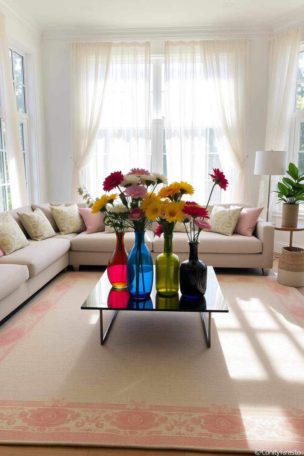 A bright and airy summer living room filled with natural light. The space features a comfortable sectional sofa adorned with colorful throw pillows and a large area rug in soft pastels. In the center, a coffee table holds vibrant colored vases filled with fresh flowers. Large windows are draped with sheer curtains, allowing the sunlight to filter through and illuminate the room.