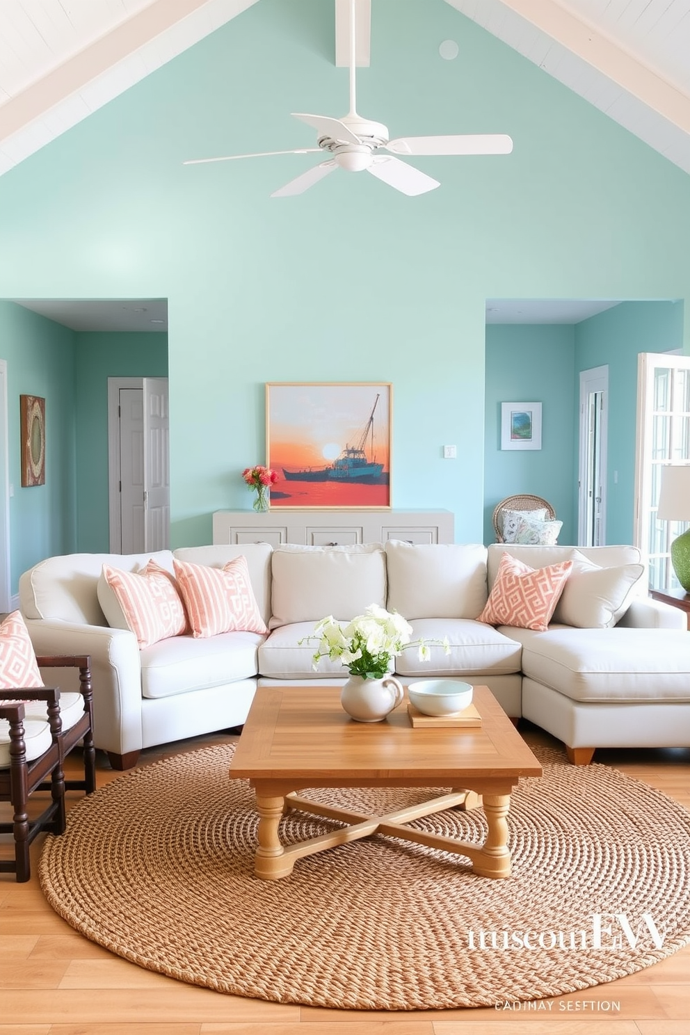 A bright and airy summer living room with beachy colors like aqua and coral. The walls are painted in a soft aqua hue, while coral accents are featured in the throw pillows and artwork. A large, comfortable sectional sofa is positioned in the center, adorned with light-colored cushions. A natural wood coffee table sits atop a woven jute rug, creating a relaxed coastal vibe.