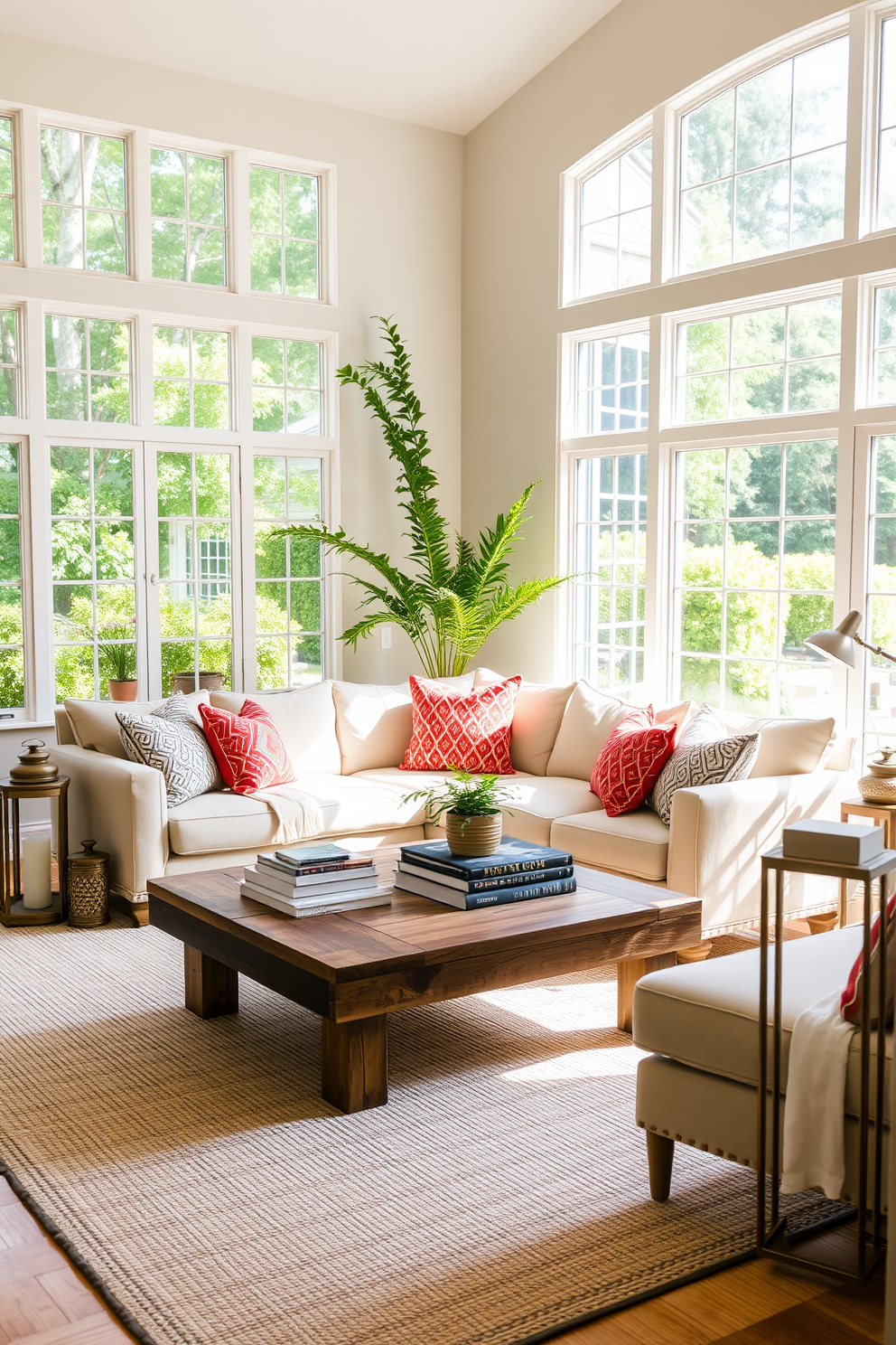 A bright and airy summer living room with large windows allowing natural light to flood in. The space features a comfortable sectional sofa adorned with vibrant throw pillows and a light, textured area rug underfoot. Decorative lanterns are strategically placed around the room, casting a warm and inviting glow. A coffee table made of reclaimed wood sits in the center, topped with a stack of art books and a small potted plant for a touch of greenery.