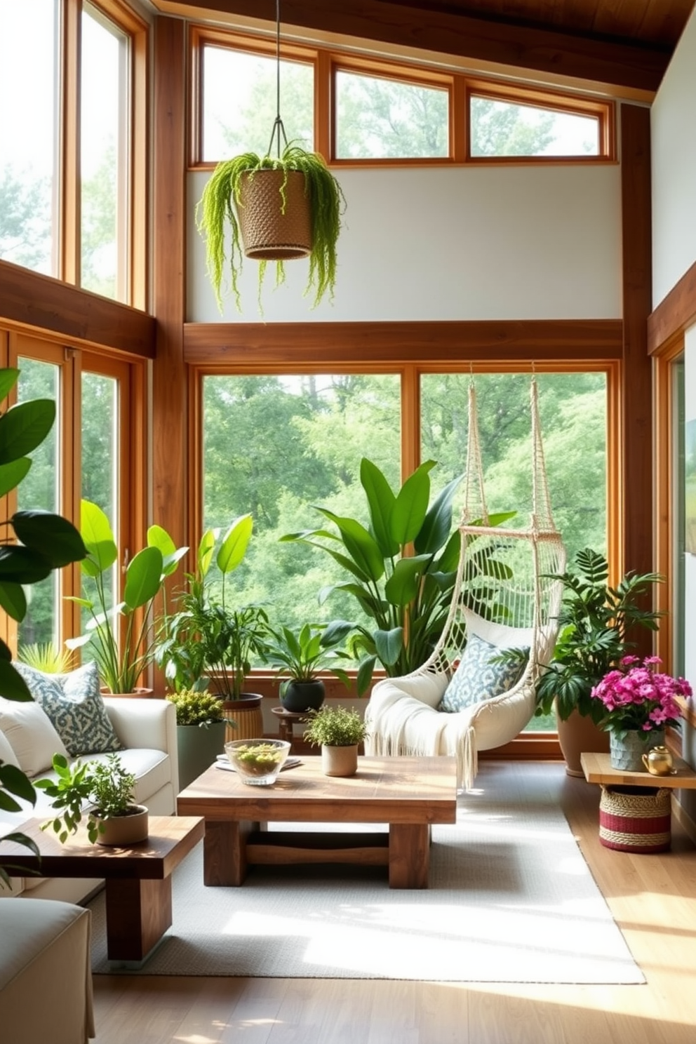 A bright and airy summer living room features large windows that allow natural light to flood the space. The room is adorned with light-colored furniture, including a plush sofa and a coffee table made of reclaimed wood. In one corner, a cozy hammock chair is suspended from the ceiling, inviting relaxation and tranquility. Surrounding the chair are vibrant potted plants that enhance the lively summer atmosphere.