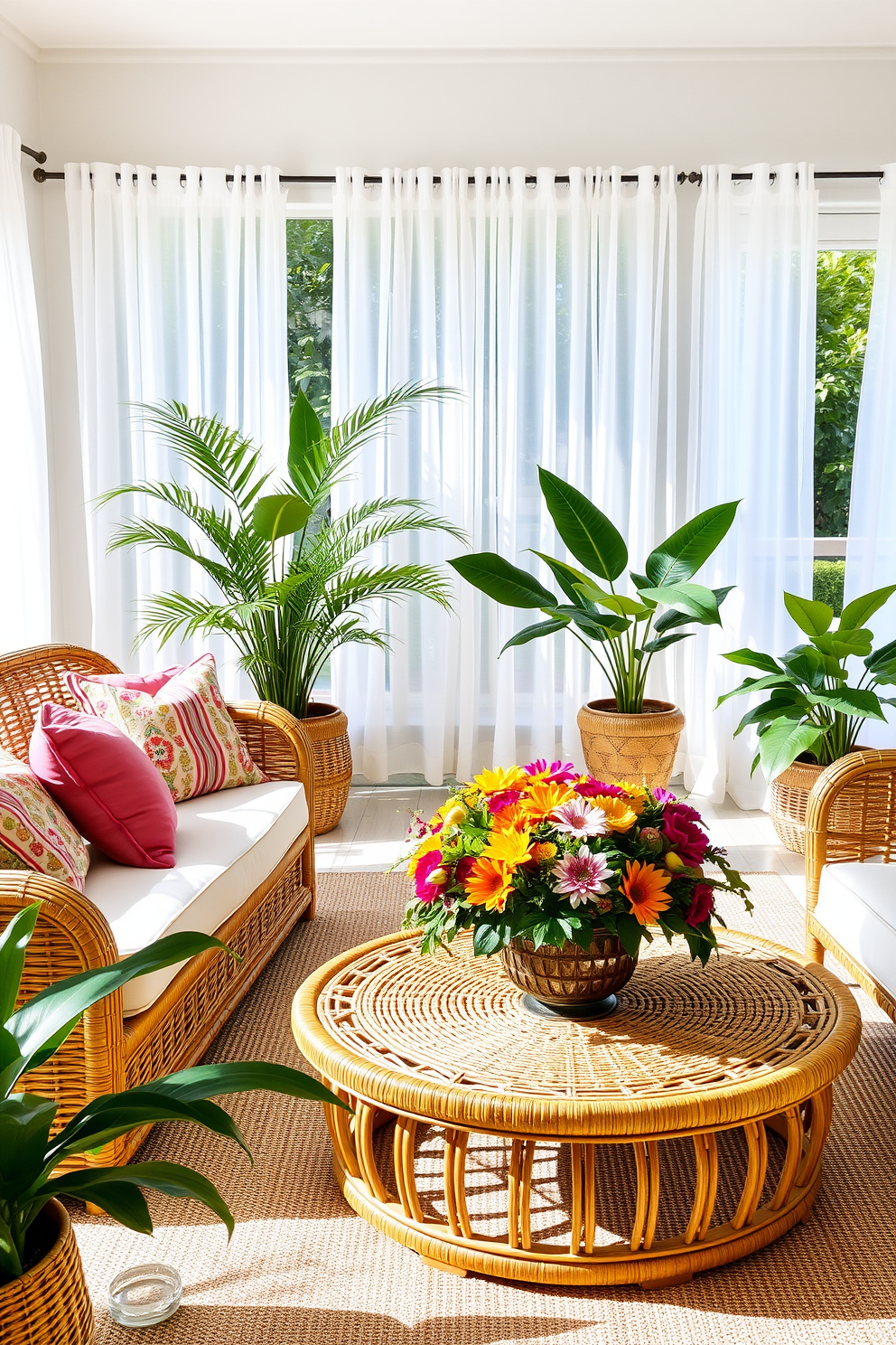 A bright and airy summer living room featuring rattan furniture pieces that exude a relaxed vibe. The space includes a large rattan sofa adorned with colorful cushions, complemented by a matching rattan coffee table topped with a vibrant floral arrangement. Natural light floods the room through sheer white curtains, enhancing the warm tones of the rattan. Lush green plants are strategically placed around the room, adding a refreshing touch to the overall decor.