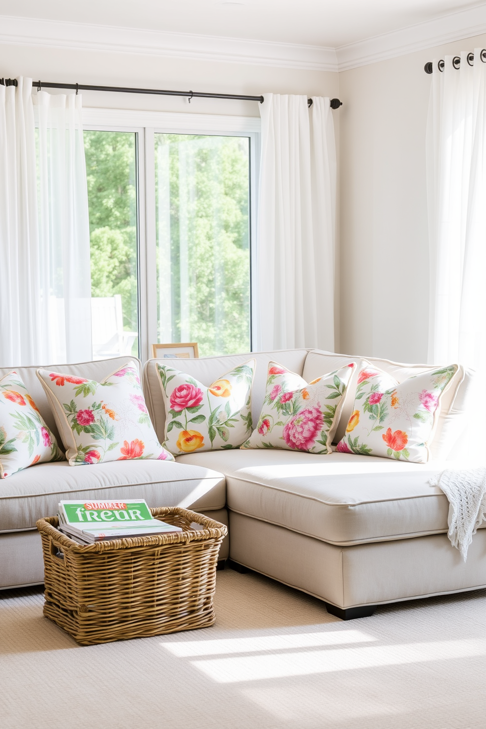 Display summer-themed decorative pillows in a bright and airy living room. The pillows feature vibrant floral patterns and soft pastel colors, arranged on a light gray sectional sofa to create a cheerful atmosphere. Incorporate a woven basket filled with fresh magazines next to the sofa. A large window allows natural light to flood the space, enhancing the summer vibe with sheer white curtains that gently sway in the breeze.