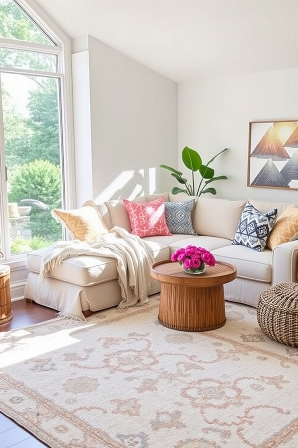 A cozy reading nook with plush cushions and a soft throw blanket nestled in a corner. A large window allows natural light to flood the space, enhancing the inviting atmosphere. Summer living room decorating ideas featuring light, airy fabrics and bright accent colors. A comfortable sectional sofa is adorned with vibrant throw pillows, complemented by a large area rug that ties the room together.