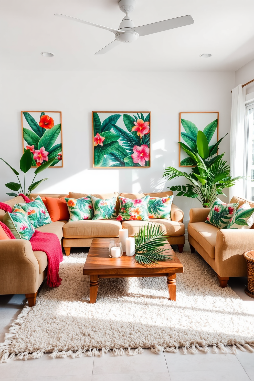 A vibrant summer living room filled with natural light. The space features a large, plush sofa adorned with colorful tropical-themed cushions and a soft area rug that complements the tropical decor. On the walls, there are stunning pieces of tropical artwork showcasing lush greenery and exotic flowers. A wooden coffee table sits in the center, surrounded by decorative elements like palm leaves and candles to enhance the summery vibe.