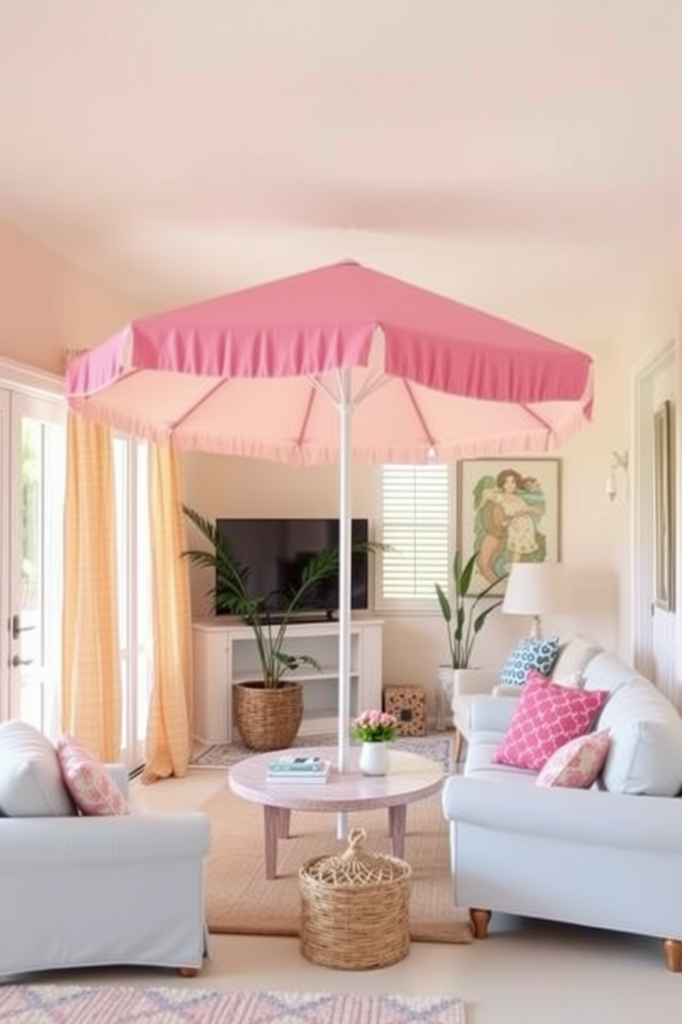 A bright summer living room adorned with a large beach umbrella in the corner, adding a playful touch to the space. The walls are painted in soft pastel colors, and comfortable seating arrangements invite relaxation and enjoyment.