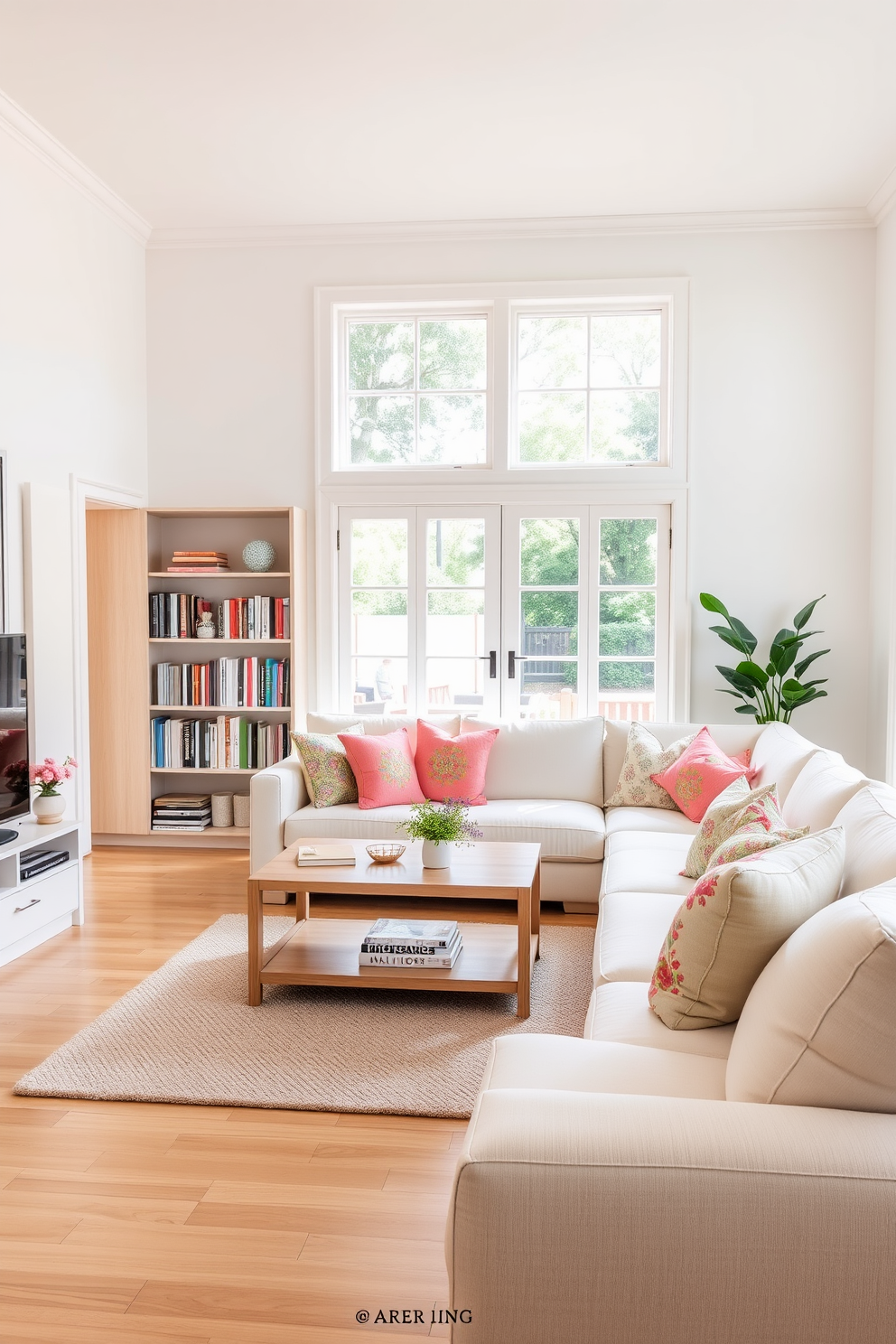 A bright summer living room filled with natural light. Light wood finishes are used for the furniture, including a sleek coffee table and airy bookshelves. The walls are painted in a soft pastel color, enhancing the cheerful atmosphere. Plush cushions in vibrant patterns are scattered across a comfortable sectional sofa.