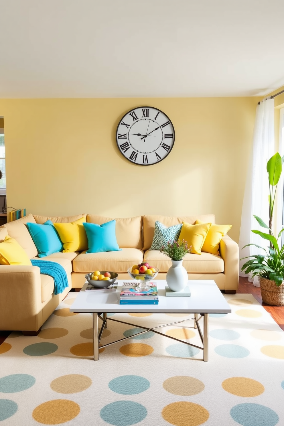 A bright and airy summer-themed living room features a large, comfortable sectional sofa adorned with vibrant throw pillows in shades of yellow and turquoise. A statement summer-themed wall clock hangs above a stylish coffee table, which is topped with a bowl of fresh fruit and a stack of colorful magazines. The walls are painted in a soft, sunny yellow, complemented by sheer white curtains that let in natural light. A large area rug with a playful pattern anchors the space, while potted plants add a touch of greenery and life to the room.