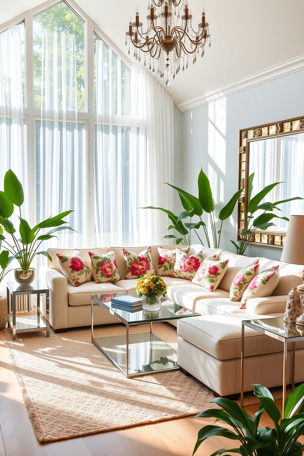 A bright summer living room filled with natural light. The space features large windows with sheer white curtains that flutter gently in the breeze. A plush sectional sofa in a light pastel color is positioned around a glass coffee table. Decorative pillows in vibrant floral patterns add a pop of color and a playful touch. Mirrored surfaces are incorporated throughout the room, including a sleek mirrored side table and a large wall mirror that enhances the sense of space. A soft area rug in a neutral tone anchors the seating area, creating a cozy atmosphere. Lush green plants are placed in the corners, bringing a refreshing touch of nature indoors. A statement chandelier with crystal accents hangs from the ceiling, reflecting light and adding elegance to the room.