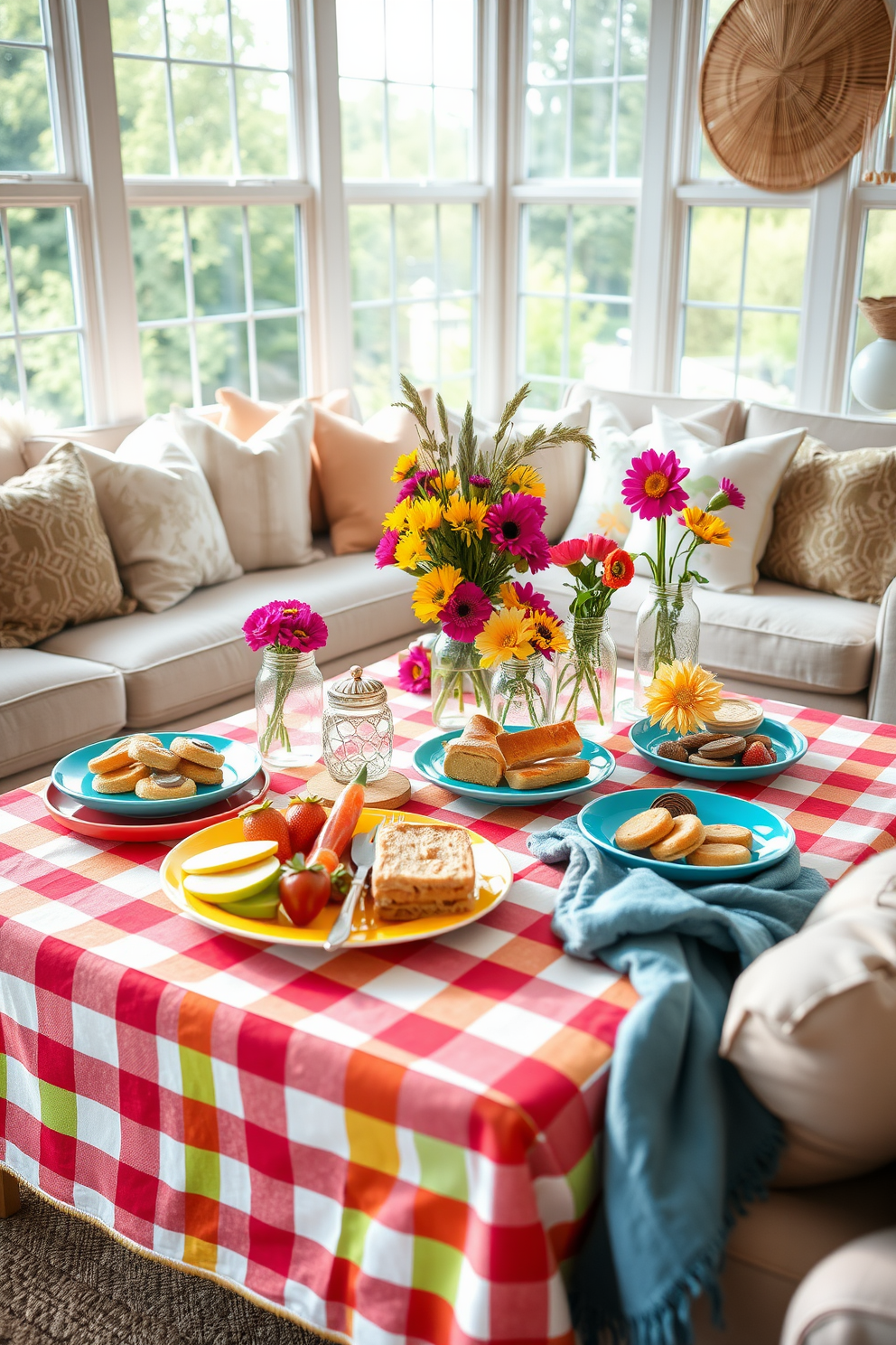 A cozy picnic-style coffee table setup adorned with a vibrant checked tablecloth. On the table, there are assorted colorful plates filled with fresh fruits, sandwiches, and pastries, surrounded by cheerful floral arrangements in mason jars. The living room features large windows allowing natural light to flood the space, enhancing the bright and airy atmosphere. Comfortable seating with plush cushions invites relaxation, while playful summer-themed decor adds a touch of whimsy.