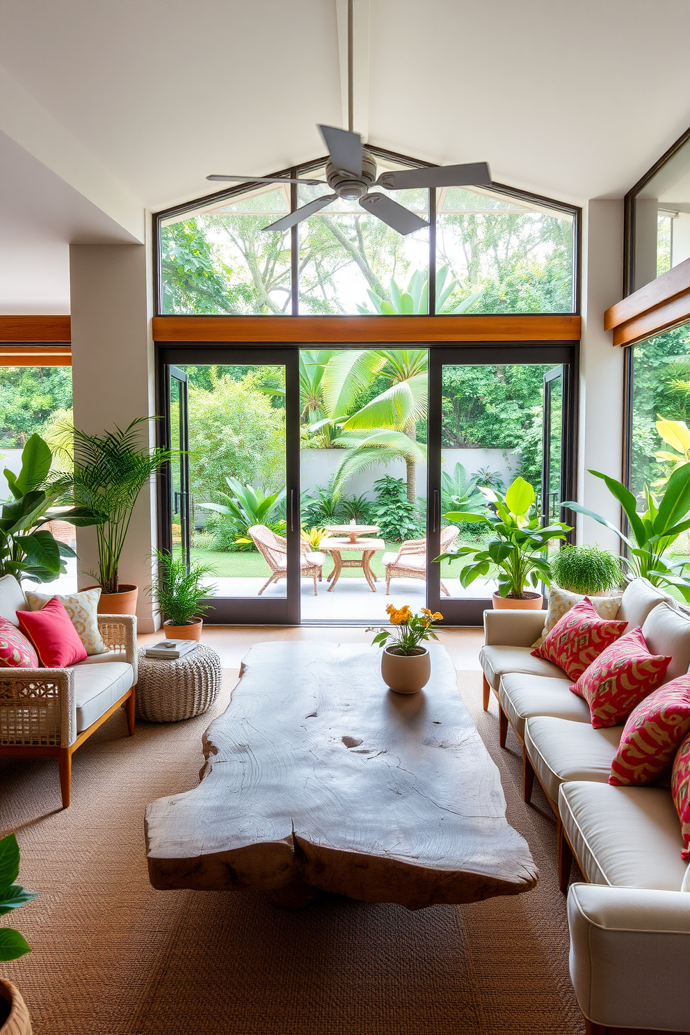 A serene summer living room that seamlessly blends indoor and outdoor elements. The space features a large driftwood coffee table at the center, surrounded by plush, light-colored sofas adorned with vibrant cushions. Large glass doors open to a lush garden, allowing natural light to flood the room. Potted plants are strategically placed around the space, enhancing the fresh and airy atmosphere.