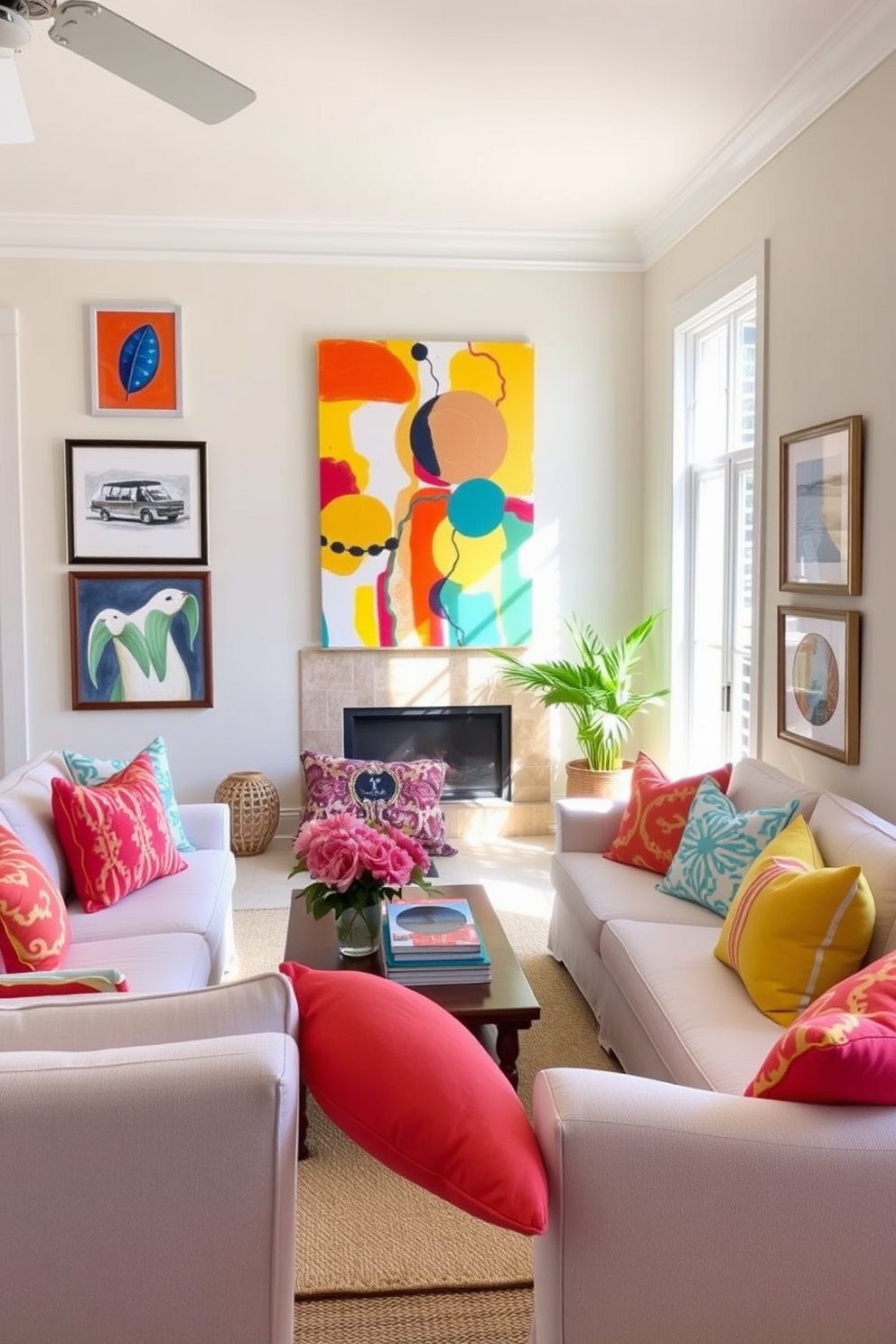 Bright artwork adorns the walls of a vibrant summer living room, infusing the space with energy and personality. A large canvas featuring bold colors and abstract designs serves as the focal point, complemented by smaller framed pieces that echo its hues. The room is filled with natural light streaming through large windows, enhancing the cheerful atmosphere. Comfortable seating in light fabrics is arranged to invite relaxation, while playful throw pillows add splashes of color throughout the space.