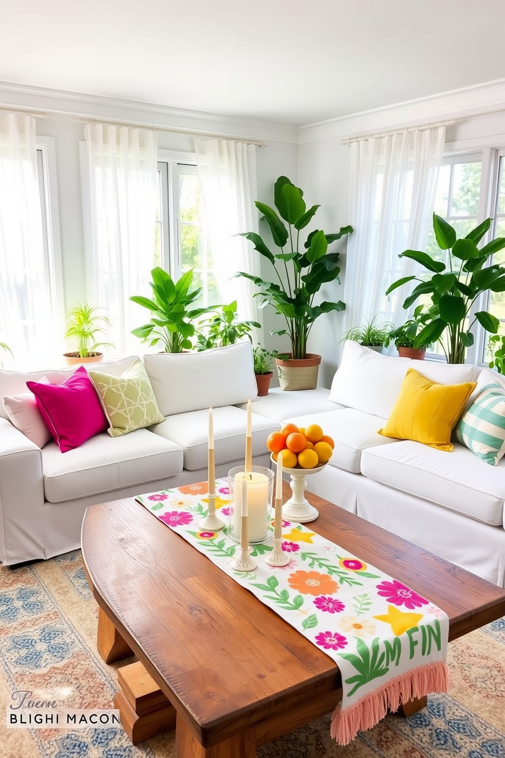 A bright and airy summer living room featuring a comfortable white sectional sofa adorned with colorful throw pillows. A fun summer-themed table runner with vibrant floral patterns stretches across a rustic wooden coffee table, complemented by a few decorative candles and a bowl of fresh fruit. Large windows allow natural light to flood the space, with sheer curtains gently swaying in the breeze. Potted plants in various sizes are strategically placed around the room, adding a touch of greenery and enhancing the cheerful summer vibe.