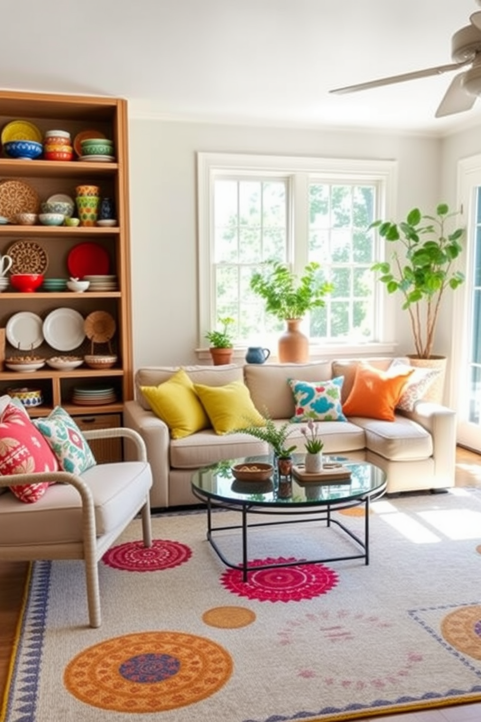 A vibrant summer living room filled with natural light. Colorful ceramic dishware is artfully arranged on open shelving, showcasing a variety of patterns and hues. The seating area features a comfortable sectional sofa adorned with bright throw pillows. A large area rug with a playful design anchors the space, creating a cheerful and inviting atmosphere.