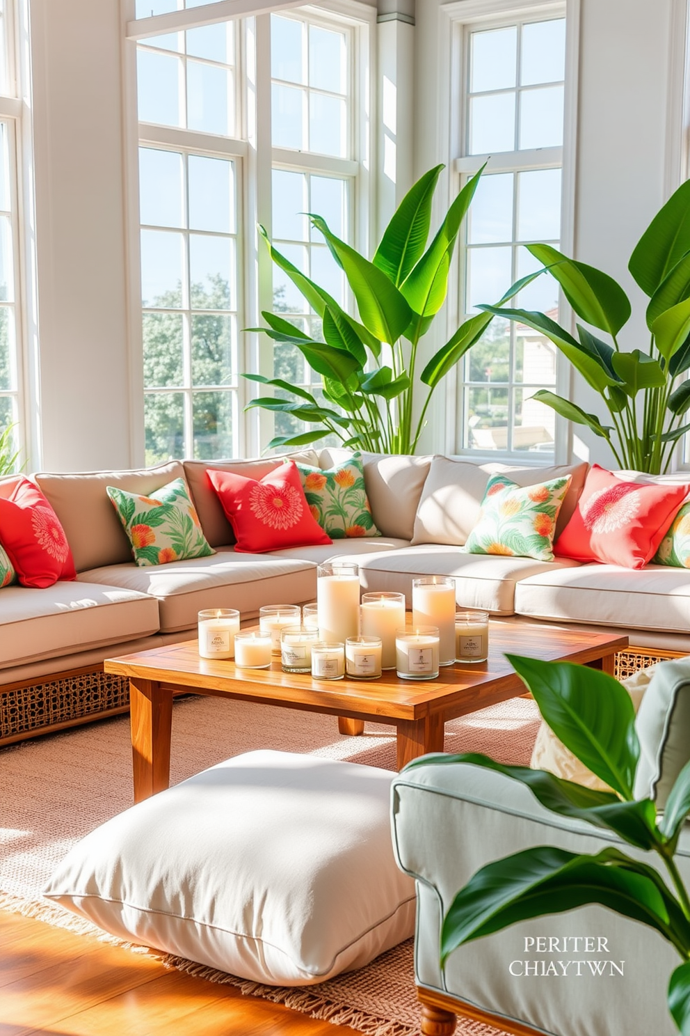 A bright summer living room filled with natural light. The space features a large, comfortable sectional sofa adorned with vibrant throw pillows in tropical colors. A wooden coffee table sits in the center, topped with a collection of scented candles in various sizes, each exuding tropical fragrances. Lush green plants are strategically placed around the room, adding a refreshing touch to the decor.