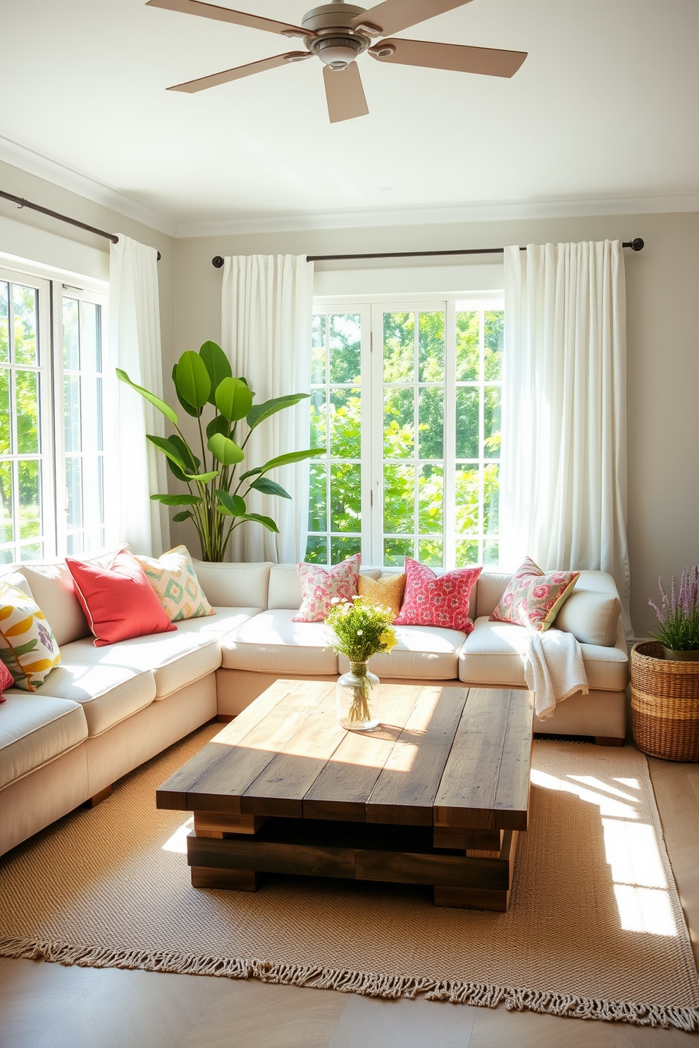 A bright and airy summer living room filled with natural light. The space features a comfortable sectional sofa adorned with colorful throw pillows and a large coffee table made of reclaimed wood. In one corner, a large indoor plant adds a touch of freshness and vibrancy to the room. The walls are painted in a soft pastel hue, complemented by light, breezy curtains that flutter gently in the breeze.