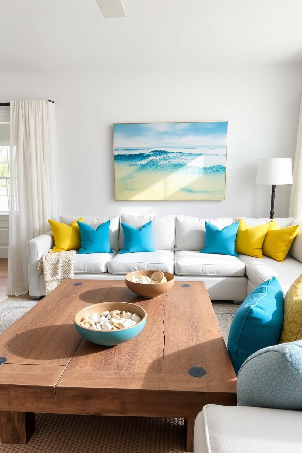 A bright and airy summer living room features a large, comfortable sectional sofa adorned with vibrant throw pillows in shades of blue and yellow. A coffee table made of reclaimed wood sits in the center, topped with decorative bowls filled with an array of seashells collected from the beach. The walls are painted in a soft white, allowing natural light to fill the space, while sheer curtains flutter gently in the breeze. A large piece of ocean-inspired artwork hangs above the sofa, enhancing the coastal theme and creating a relaxing atmosphere.