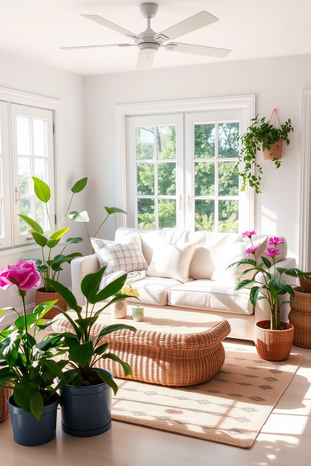 A bright and airy summer living room features a light color palette with soft pastel accents. The focal point is a comfortable sofa adorned with light throws instead of heavy blankets, inviting relaxation and warmth. Natural light floods the space through large windows, enhancing the cheerful atmosphere. A woven coffee table sits in front of the sofa, surrounded by vibrant potted plants that bring a touch of nature indoors.