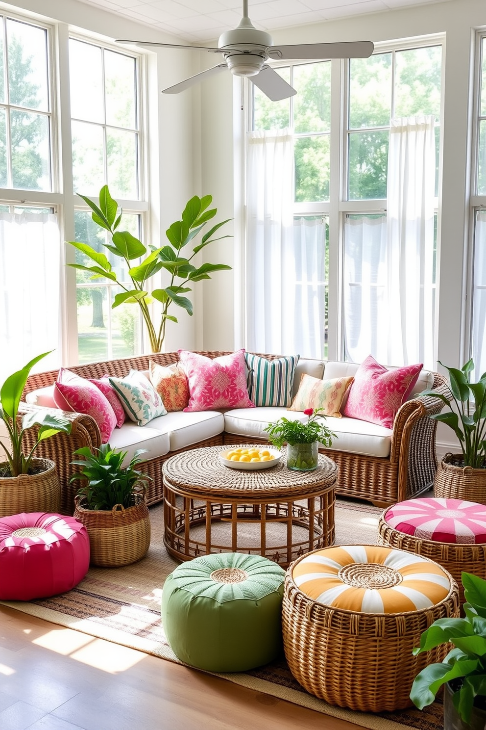 A bright and airy summer living room features a comfortable wicker sofa adorned with vibrant throw pillows. Large windows allow natural light to flood the space, complemented by light sheer curtains that flutter gently in the breeze. A round wicker coffee table sits at the center, surrounded by a mix of colorful poufs for additional seating. Potted plants in woven baskets add a touch of greenery, enhancing the relaxed and inviting atmosphere.