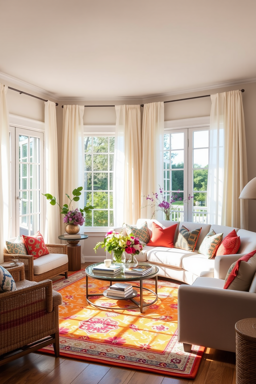 A bright and airy summer living room filled with natural light. The room features a large, comfortable sofa adorned with colorful throw pillows and a vibrant area rug that brings warmth and joy to the space. In one corner, a stylish coffee table holds a collection of fresh flowers and decorative books. Large windows are dressed with light, flowing curtains that gently flutter in the breeze, enhancing the cheerful atmosphere.