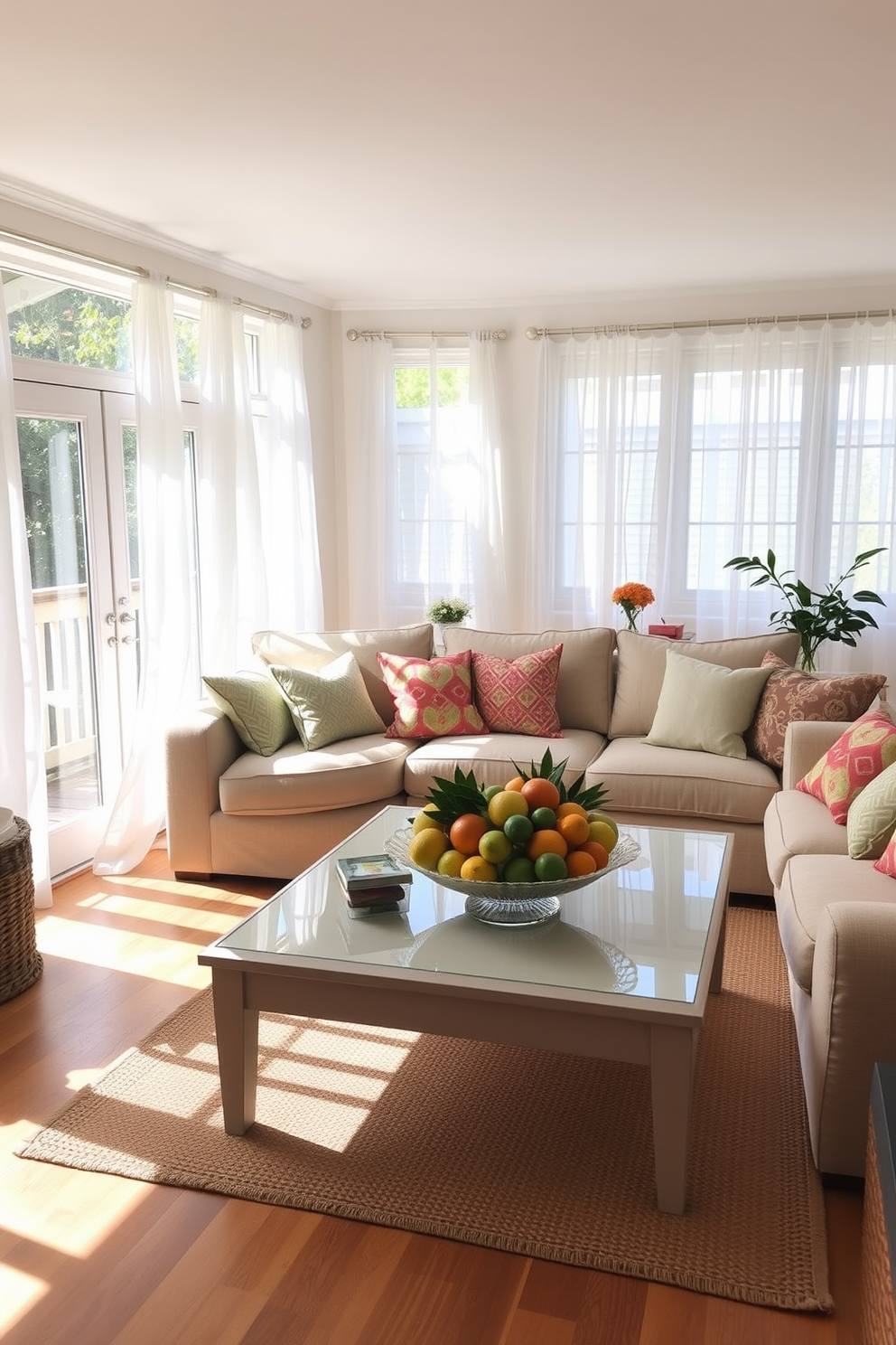 A bright and airy summer living room filled with natural light. The space features a comfortable sectional sofa adorned with colorful throw pillows and a large coffee table at the center. A refreshing fruit centerpiece made of vibrant oranges, lemons, and limes is placed on the coffee table. The walls are painted in a soft pastel hue, and large windows are dressed with sheer white curtains that flutter gently in the breeze.