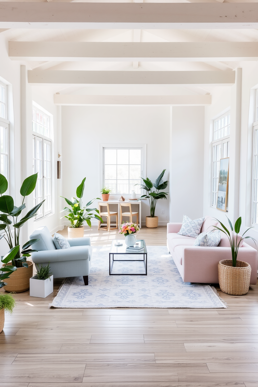 A bright and airy summer loft filled with natural light. Soft pastel hues adorn the walls, creating a serene atmosphere. The open space features a cozy seating area with a plush light pink sofa and a pale blue accent chair. A large area rug with subtle patterns anchors the room, while potted plants add a touch of greenery.