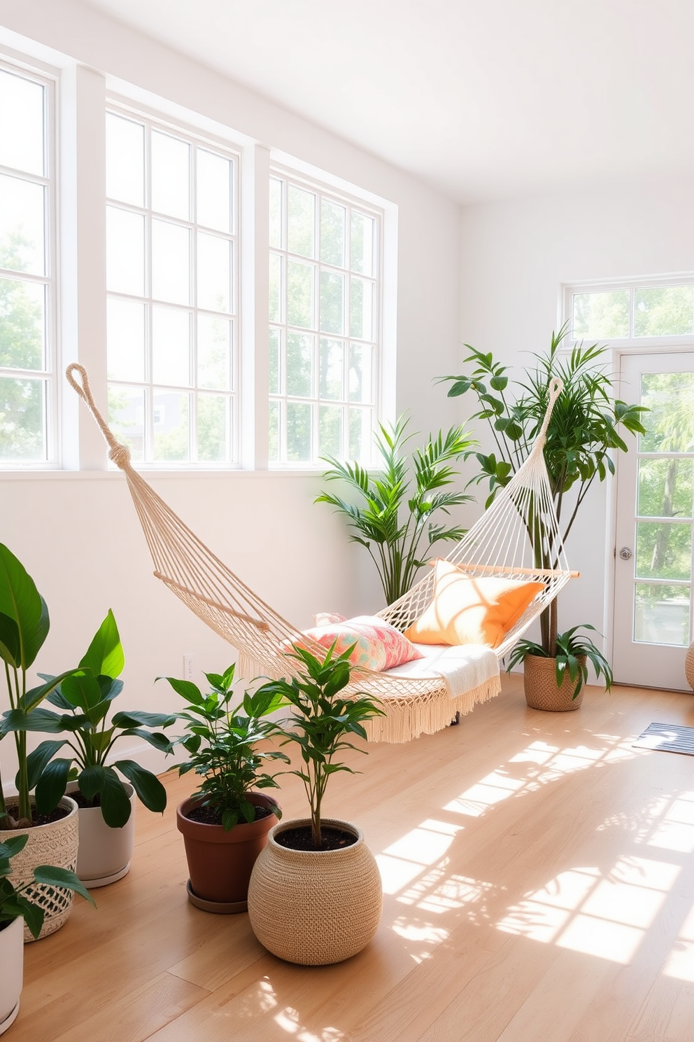 A bright and airy summer loft with large windows allowing natural light to flood the space. The walls are painted in a soft white hue, complemented by light wooden flooring that enhances the open feel. In one corner, a cozy hammock is suspended between two sturdy beams, inviting relaxation and leisure. Surrounding the hammock are potted plants and colorful throw pillows, adding a touch of vibrancy to the serene atmosphere.