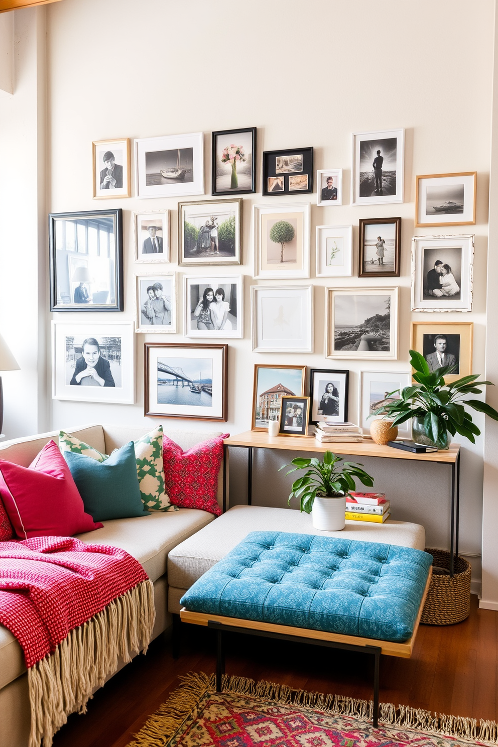 A bright and airy summer loft decorated with a mix of textures and colors. The space features a cozy seating area with a large sectional sofa adorned with vibrant throw pillows and a soft woven blanket. A gallery wall is the focal point, showcasing an eclectic mix of framed art and photographs in various sizes and styles. Beneath the gallery wall, a stylish console table holds a few decorative items and a potted plant, adding a touch of greenery to the space.