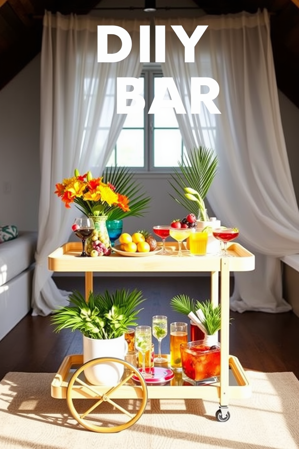 Create a stylish DIY bar cart that embodies a vibrant summer aesthetic. The cart features a light wood frame with open shelving, adorned with colorful glassware and fresh fruit arrangements. Incorporate tropical-themed decor elements such as palm leaves and bright cocktail accessories. The cart is set against a backdrop of airy white curtains and a sunlit loft space, enhancing the cheerful summer vibe.