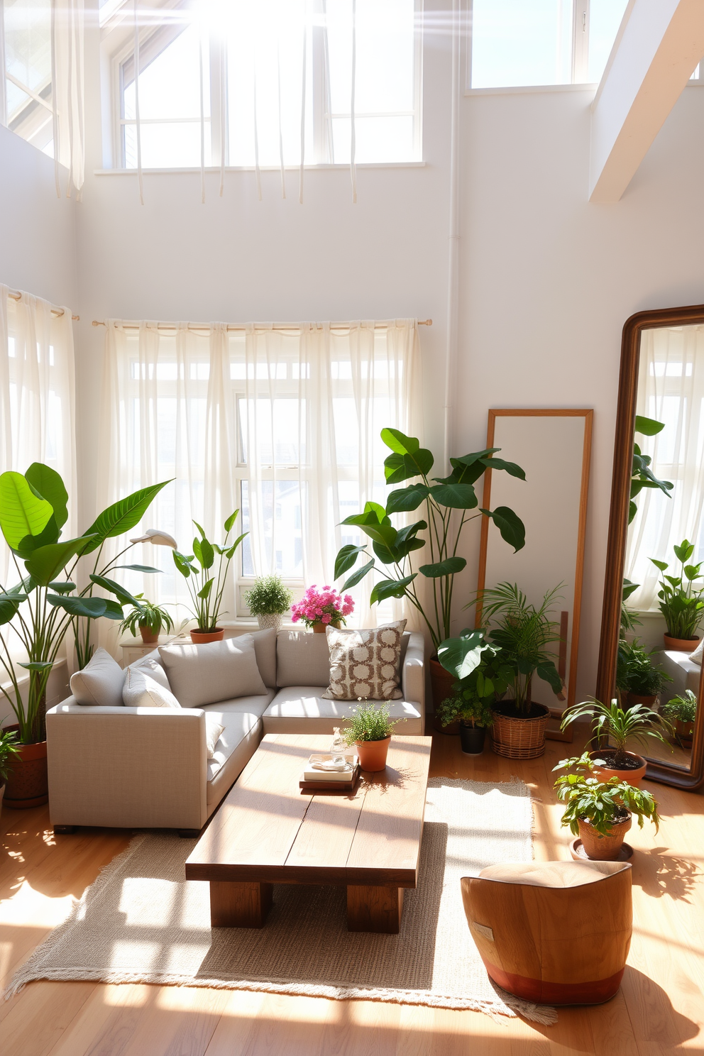 A bright and airy summer loft filled with natural light. Large windows with sheer white curtains allow sunlight to flood the space, creating a warm and inviting atmosphere. The open layout features a cozy seating area with a light gray sectional sofa and a rustic wooden coffee table. A collection of vibrant plants adds a touch of greenery, while a large mirror on one wall reflects the sunlight and enhances the sense of space.