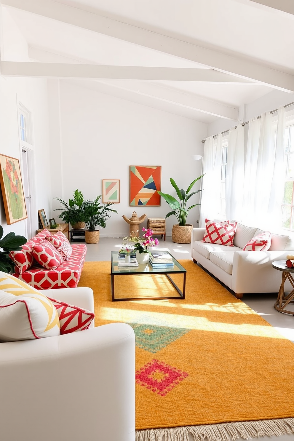 A bright and airy loft space filled with natural light. The decor features bold geometric patterns in the textiles, including oversized cushions and a vibrant area rug that energizes the room. The walls are painted in a crisp white, allowing the patterns to stand out. Large windows draped with sheer curtains provide a soft contrast, enhancing the summer vibe throughout the space.