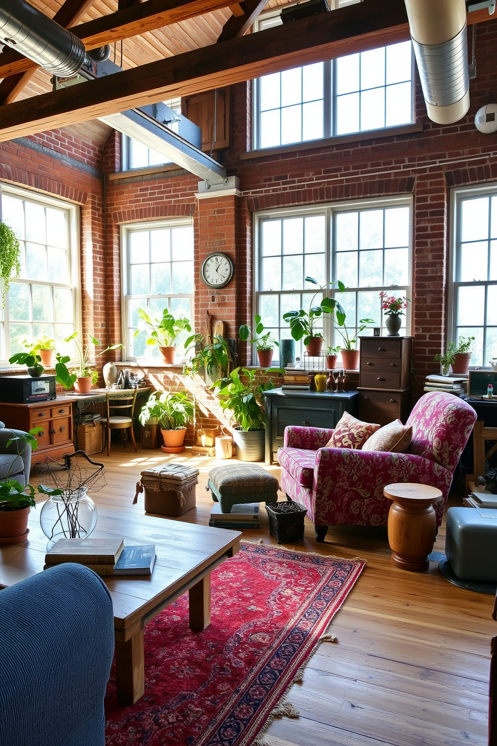 A bright and airy summer loft filled with vintage finds that add character and charm. The space features a mix of eclectic furniture pieces, including a distressed wooden coffee table and a retro armchair upholstered in colorful fabric. Large windows allow natural light to flood the room, highlighting the exposed brick walls and wooden beams. Potted plants and vintage accessories, such as an antique clock and a collection of old books, create a cozy and inviting atmosphere.