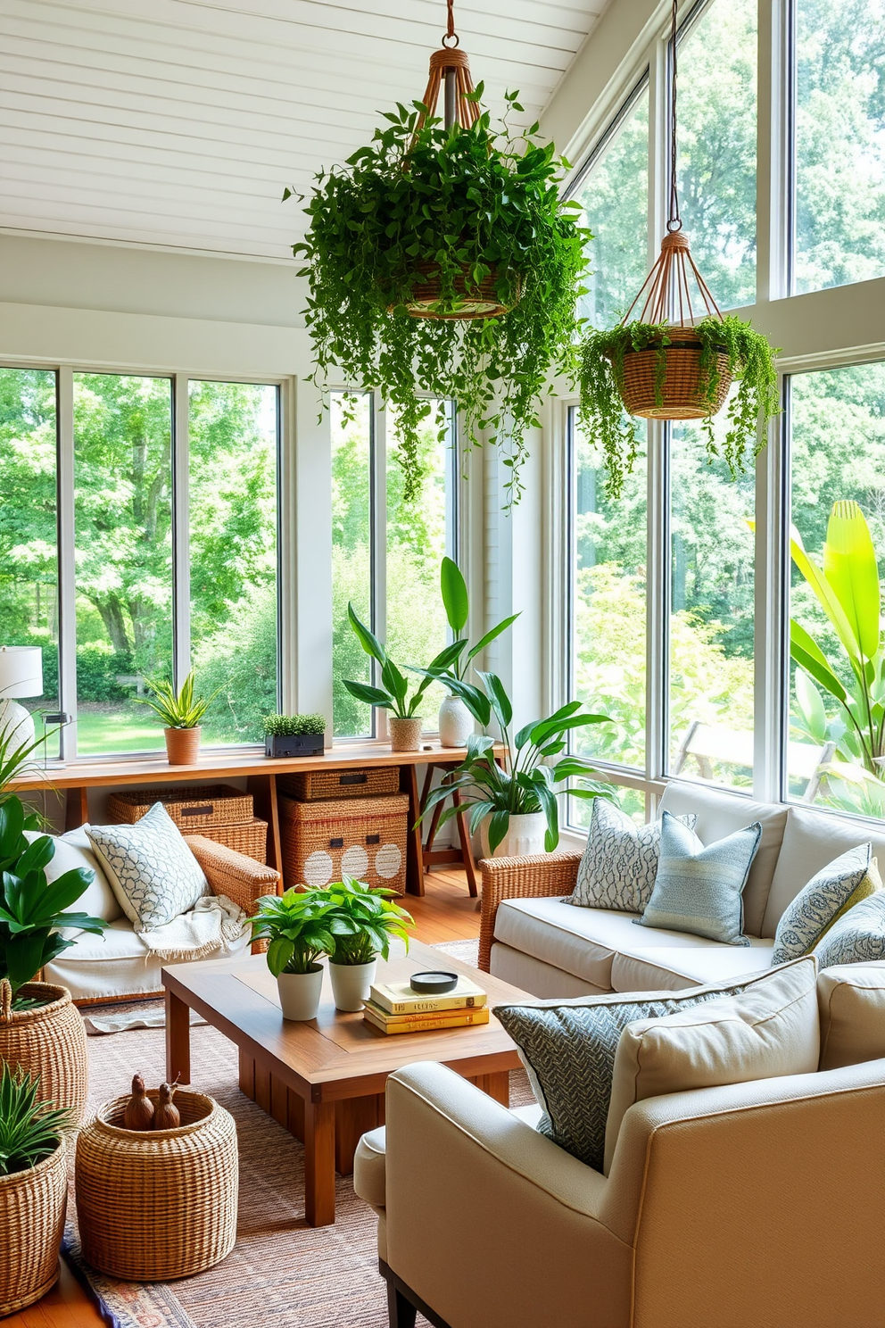 Create an outdoor-inspired space indoors that captures the essence of a summer retreat. Incorporate large windows that invite natural light and offer views of lush greenery, while using a palette of soft blues and earthy tones to enhance the serene atmosphere. Use comfortable, oversized furniture with light, breathable fabrics to encourage relaxation. Add potted plants and hanging greenery to bring the outdoors in, creating a vibrant and refreshing environment that feels like a tranquil escape.