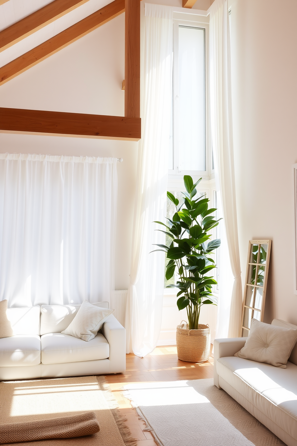 A bright and airy summer loft filled with natural light. The space features a large potted plant in the corner, creating a vibrant focal point against the white walls. Soft, neutral furnishings complement the wooden floors, inviting relaxation. Large windows draped with sheer curtains allow the sunlight to filter in, enhancing the open and breezy atmosphere.