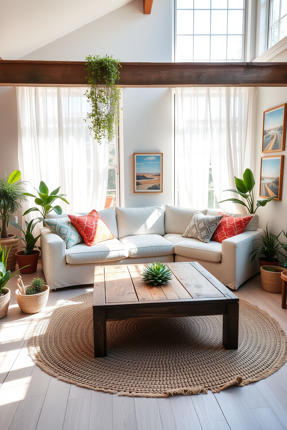 A bright and airy summer loft filled with natural light. The space features large windows draped with sheer white curtains, allowing sunlight to filter in gently. A cozy seating area includes a plush sectional sofa adorned with colorful throw pillows. Potted indoor plants are strategically placed around the room, adding freshness and a touch of nature. The walls are painted in a soft pastel hue, complementing the light wood flooring. A stylish coffee table made of reclaimed wood sits at the center, surrounded by a few vibrant succulents. Artwork featuring summer landscapes hangs on the walls, enhancing the cheerful atmosphere. A woven rug adds texture and warmth to the space, making it inviting and comfortable.