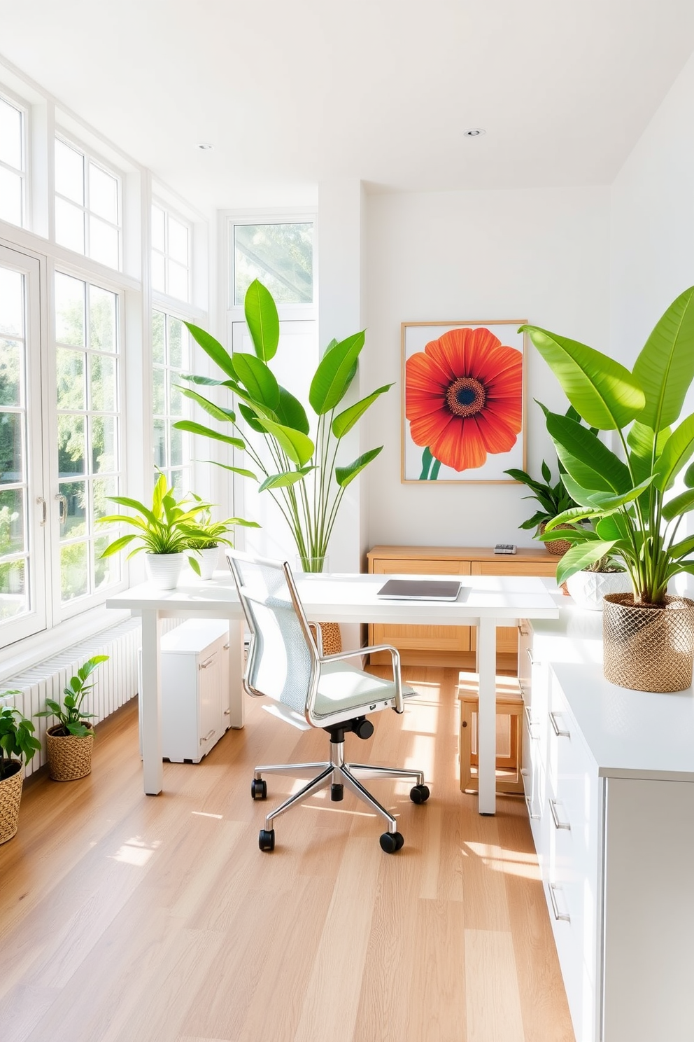 Create a bright workspace with large windows that allow natural light to flood the room. The walls are painted in a soft white, and the flooring is a light oak wood that complements the airy feel. In the center of the room, there is a sleek white desk paired with a comfortable ergonomic chair. Decorate the space with vibrant green plants and colorful artwork that reflects a cheerful summer vibe.