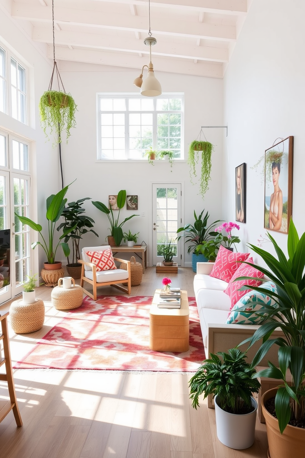 A bright and airy summer loft featuring open spaces and large windows that let in natural light. The walls are painted in soft white, while the furniture is a mix of light wood and neutral tones, creating a calm and inviting atmosphere. Colorful accents such as vibrant throw pillows and a bold area rug add a playful touch to the decor. Potted plants and fresh flowers bring life to the space, enhancing the summer vibe and creating a refreshing environment.