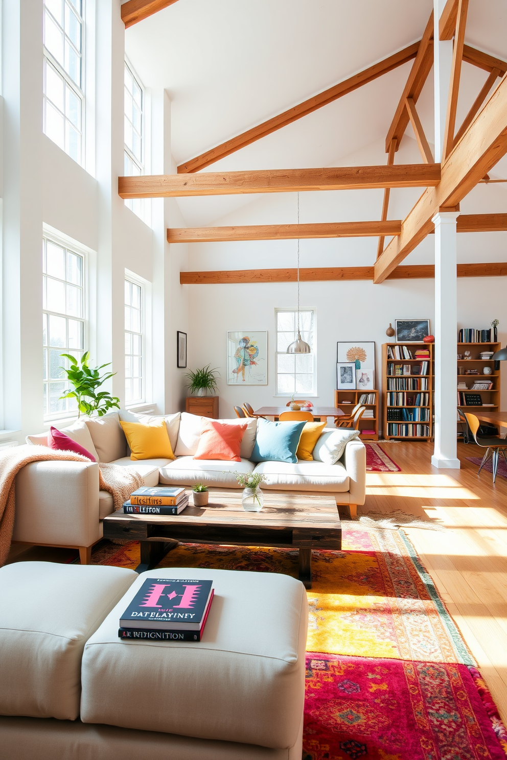 A bright and airy loft space featuring large windows that allow natural light to flood in. The walls are painted in a soft white, complemented by exposed wooden beams that add character to the room. A plush sectional sofa is positioned in the center, adorned with colorful throw pillows that invite relaxation. A cozy throw blanket is casually draped over the armrest, enhancing the comfort of the seating area. A rustic coffee table made of reclaimed wood sits in front of the sofa, adorned with a few stylish coffee table books and a small potted plant. In one corner, a tall bookshelf filled with an eclectic mix of books and decorative items adds personality to the space. The dining area features a sleek wooden table surrounded by mismatched chairs, offering a casual yet stylish dining experience. A vibrant area rug anchors the space, tying together the various elements of the loft's decor.