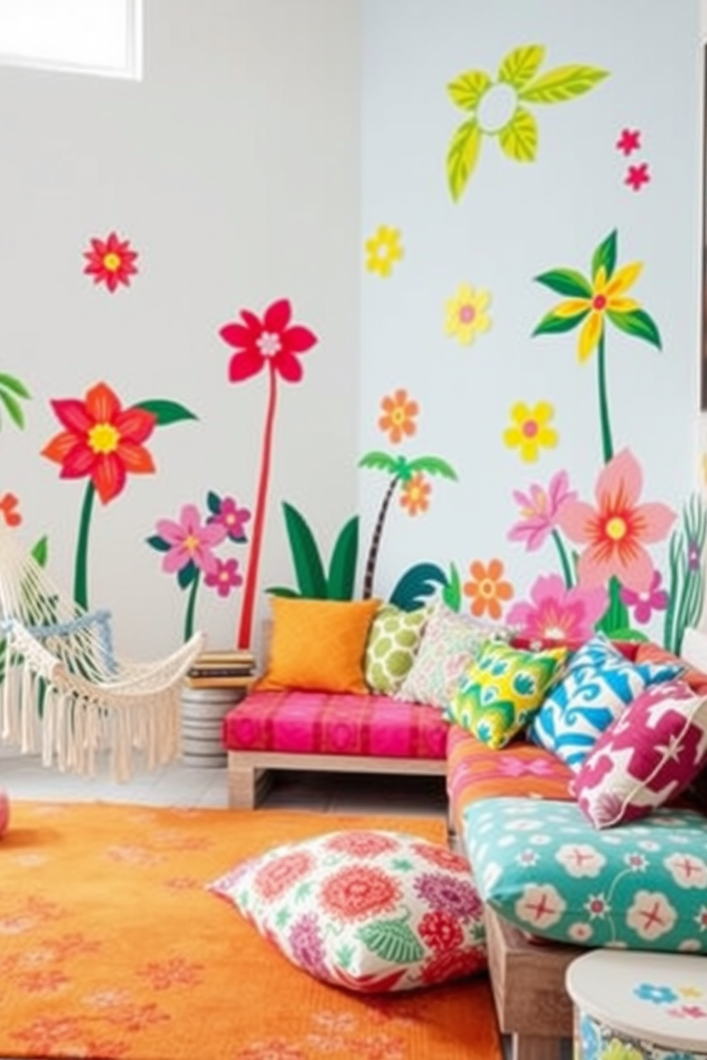 Create a vibrant and playful summer loft space filled with energy. The walls are adorned with colorful wall decals featuring tropical themes, such as palm trees and bright flowers, bringing a sense of joy and liveliness to the room. Incorporate comfortable seating with oversized cushions in bold patterns that complement the wall art. Add playful accents like a hammock chair in the corner and a bright area rug to tie the space together, creating an inviting and cheerful atmosphere.