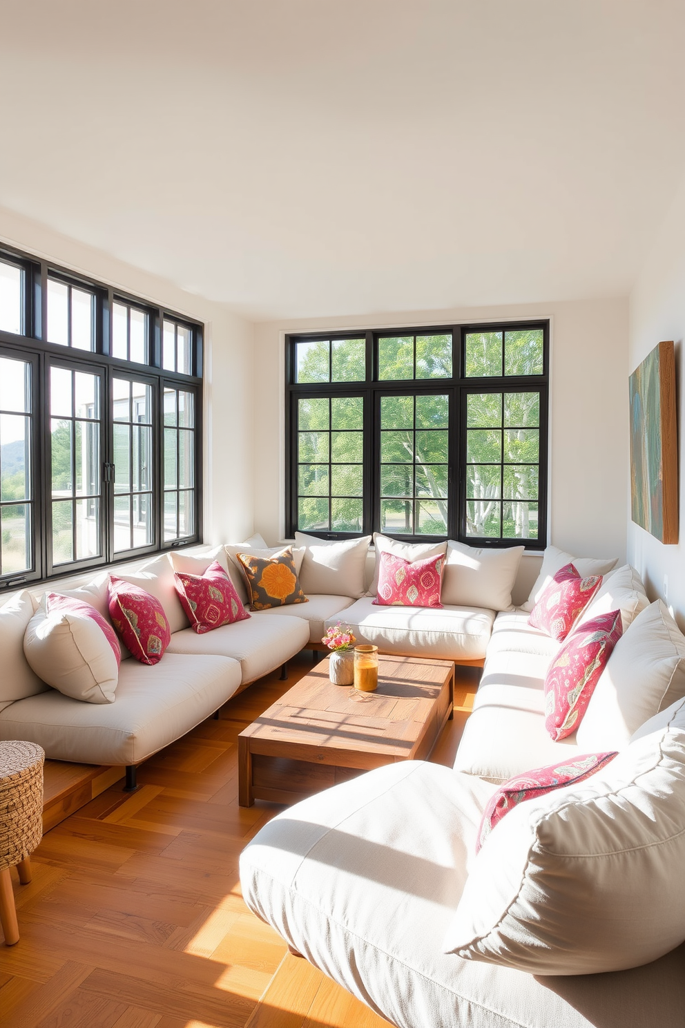 A sunken seating area designed for a summer loft exudes a relaxed and inviting atmosphere. The space features plush, oversized cushions in light, airy fabrics, surrounded by large windows that let in natural light and offer views of the outdoors. The flooring is a warm wood, creating a seamless transition between the seating area and the rest of the loft. Decorative elements such as vibrant throw pillows and a low coffee table made of reclaimed wood enhance the casual elegance of the space.