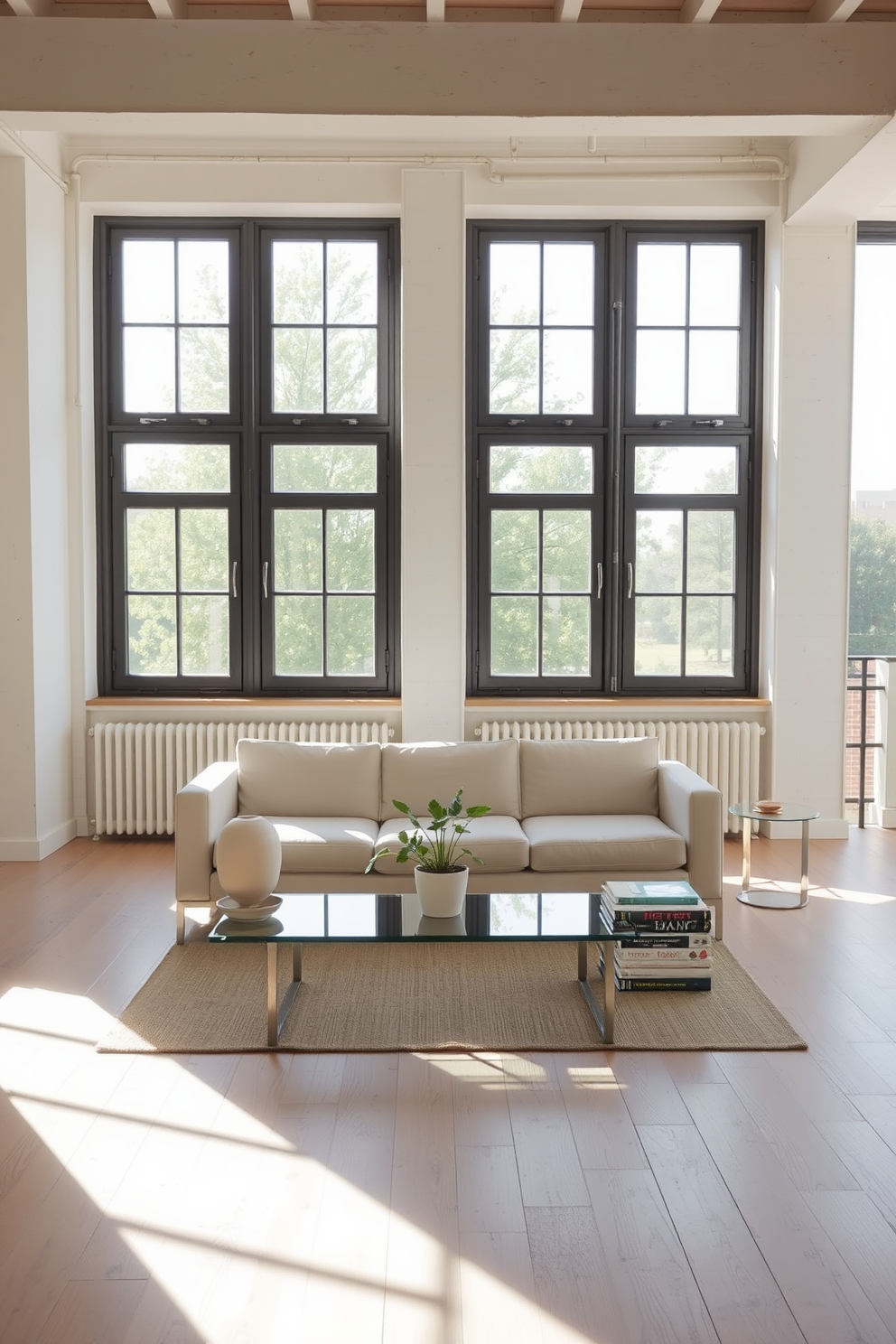 Create a serene summer loft setting with a minimalist aesthetic. The space features large windows that allow natural light to flood in, highlighting the light wood floors and whitewashed walls. In the center, a low-profile sofa in soft beige is paired with a simple glass coffee table. A few carefully chosen decorative items, such as a single potted plant and a stack of art books, add a touch of personality without overwhelming the space.