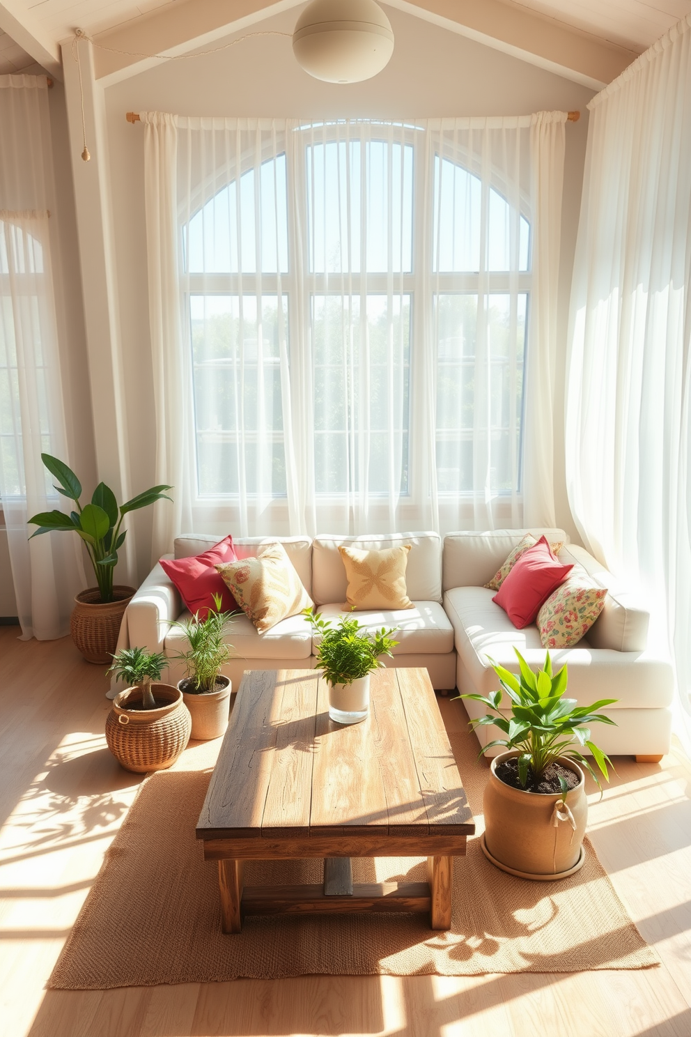 A bright and airy summer loft filled with natural light. The space features sheer curtains that gently diffuse sunlight, creating a warm and inviting atmosphere. The open layout includes a cozy seating area with a light-colored sofa adorned with colorful throw pillows. A rustic wooden coffee table sits in the center, surrounded by potted plants that add a touch of greenery.