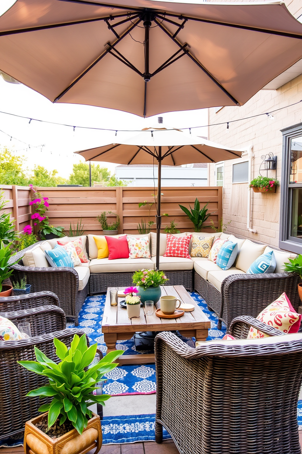 A cozy outdoor lounge area features a comfortable sectional sofa adorned with colorful throw pillows. Surrounding the seating area are stylish wicker chairs and a rustic wooden coffee table, perfect for casual gatherings. The space is enhanced by vibrant potted plants and soft ambient lighting strung overhead. A large umbrella provides shade, creating a welcoming atmosphere for summer relaxation and entertaining.