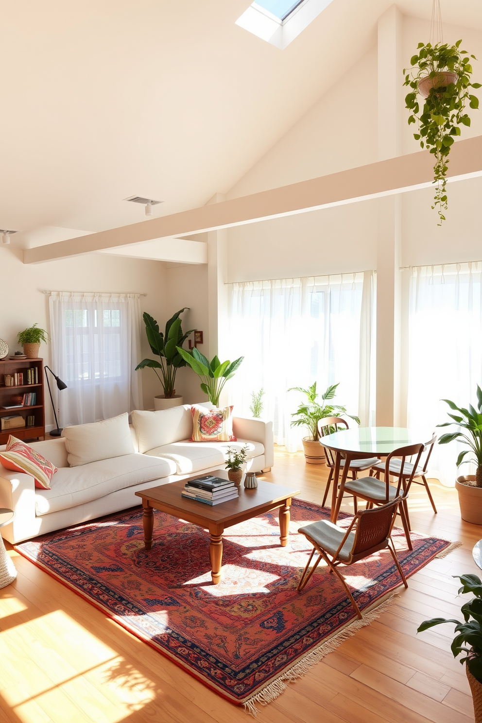 A bright and airy summer loft filled with natural light. The open space features large windows adorned with sheer white curtains, allowing sunlight to filter through softly. A cozy seating area includes a plush sectional sofa in a light beige fabric, complemented by colorful throw pillows. A statement rug in vibrant patterns adds warmth and texture to the hardwood floor. The walls are painted in a soft pastel hue, enhancing the relaxed atmosphere of the loft. A wooden coffee table sits in the center, adorned with a few carefully curated decorative items and a stack of art books. In one corner, a small dining table with mismatched chairs creates an inviting spot for meals. Potted plants are scattered throughout, bringing a touch of nature indoors and enhancing the summer vibe.