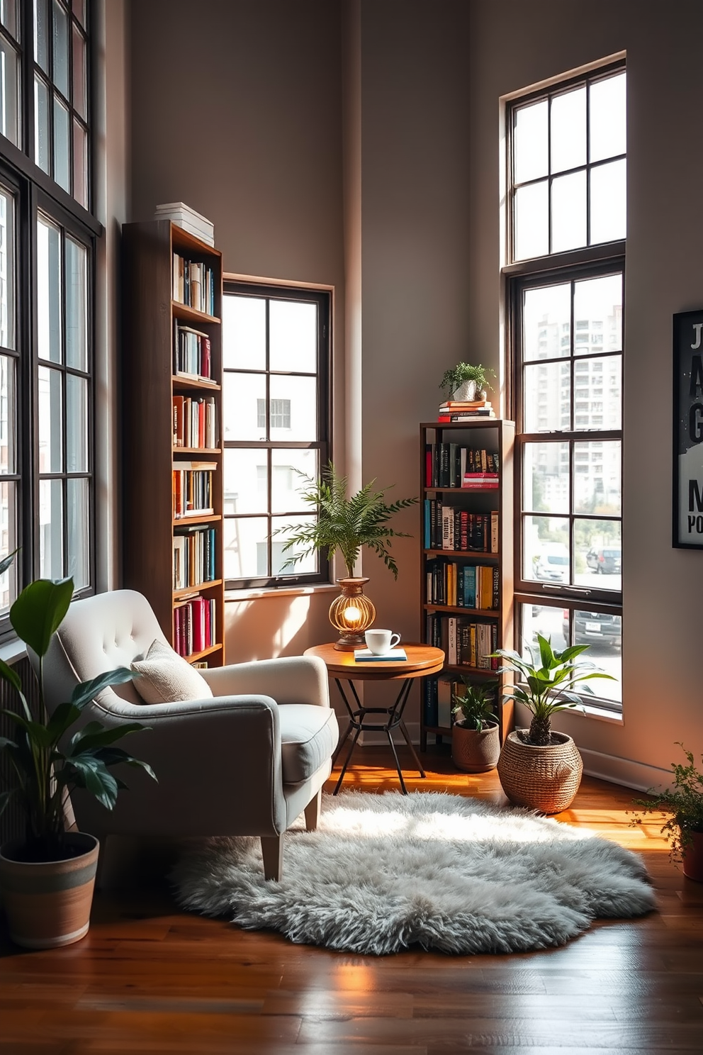 A cozy reading nook corner features a plush armchair upholstered in soft, pastel fabric positioned next to a tall bookshelf filled with an array of colorful books. A small side table holds a steaming cup of tea and a decorative lamp with a warm glow, creating an inviting atmosphere for relaxation. The nook is adorned with a fluffy area rug that adds warmth to the hardwood floor, while large windows allow natural light to flood the space. A few potted plants are placed nearby, bringing a touch of greenery to the summer loft decorating ideas.